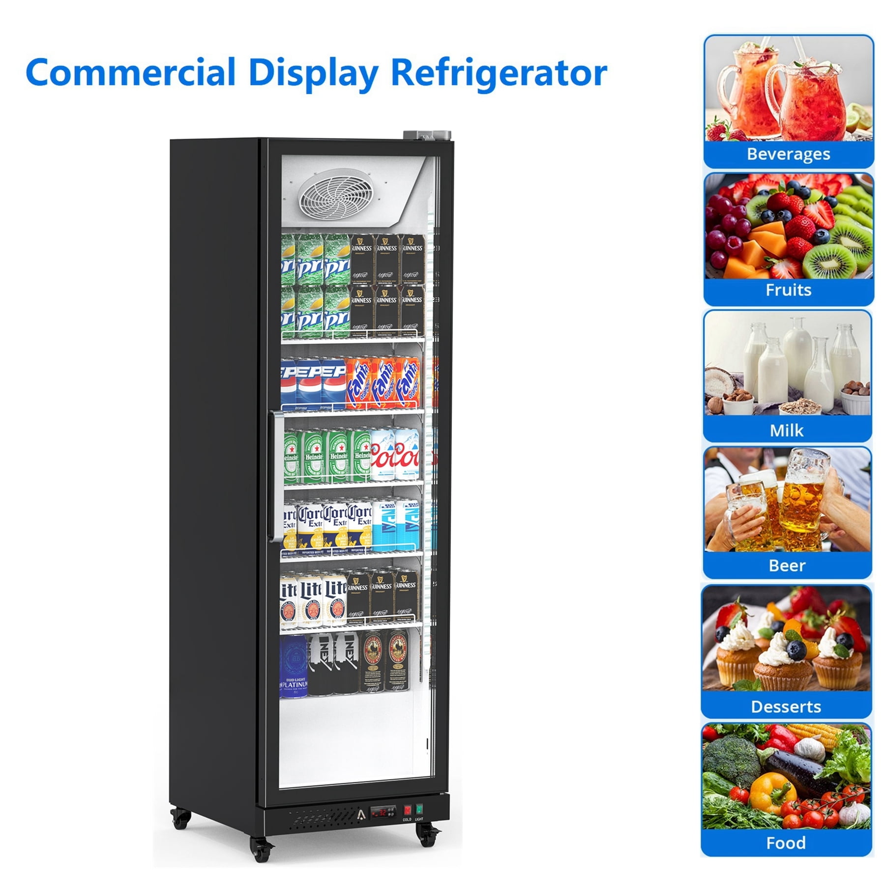 Aoile Commercial Display Refrigerator 12.4 Cu.Ft, Glass Door Upright Merchandiser Beverage Cooler with Wheels & LED Lighting