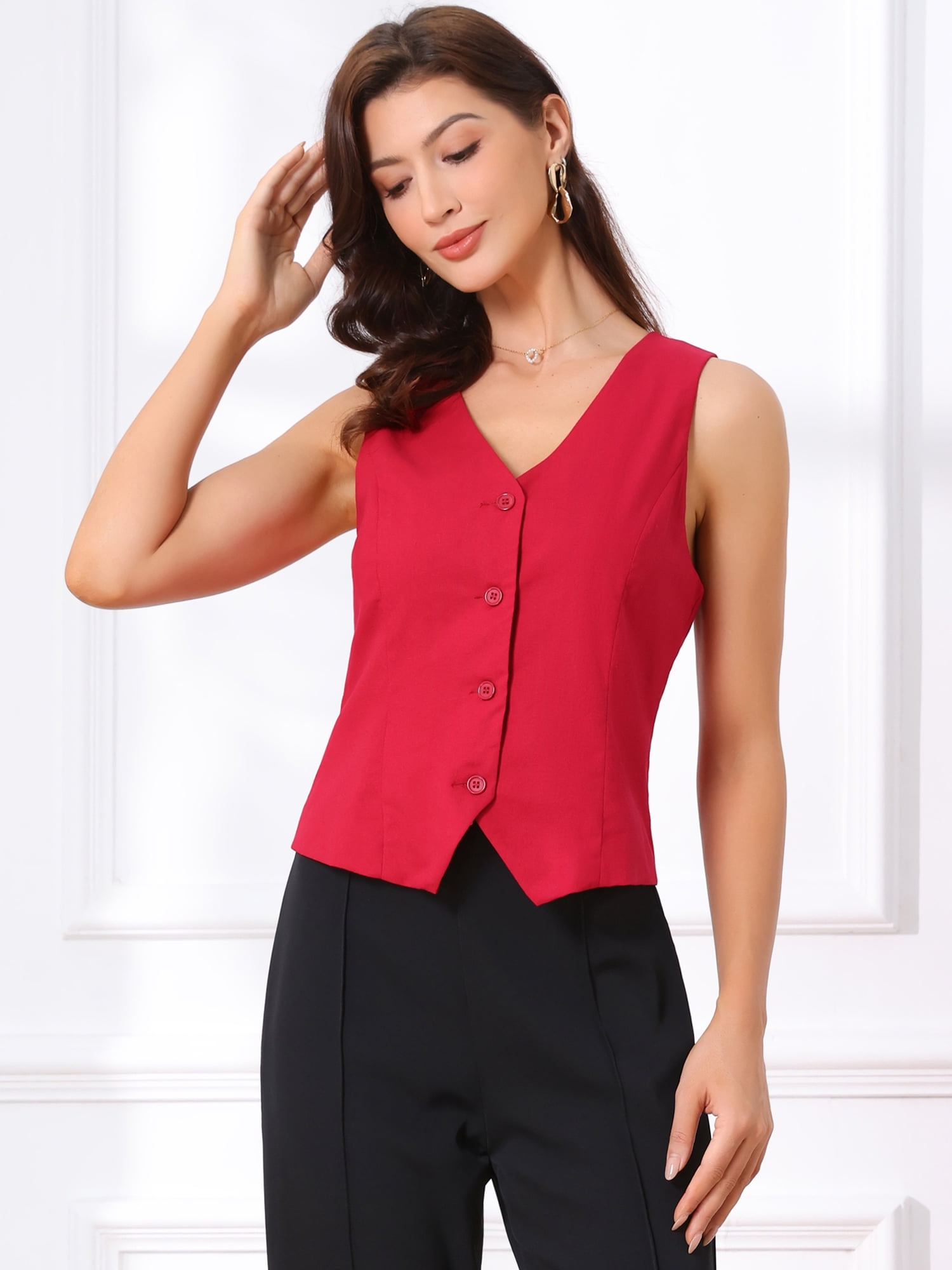 DARING DIVA Women's Waistcoat V Neck Crop Top Summer Vest L Deep Red
