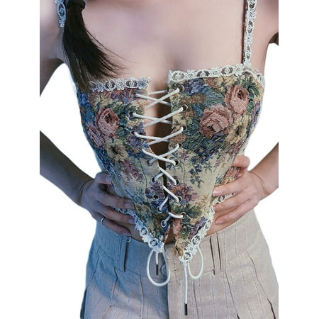 

LisenraIn Y2k Women Elegant French Vintage Print Halter Tops Chic Bandage Floral Corset Shirts Party Club Ladies Top