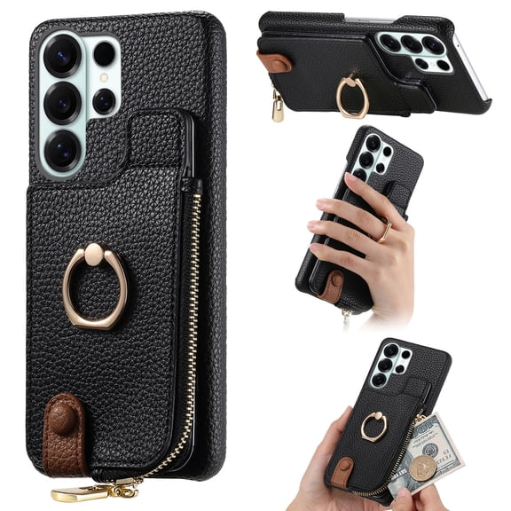 Dteck Wallet Case for Samsung Galaxy S25 Ultra,Shockproof Leather PC Zipper Wallet RFID Blocking Case Ring Holder Kickstand Cover,Black