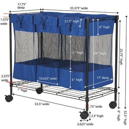 Household Essentials Laundry Sorter with Wheels, Triple Removable Mesh Bags, Sturdy Wire Frame, Smooth Glide Casters, Wide Functionality, Blue and Black