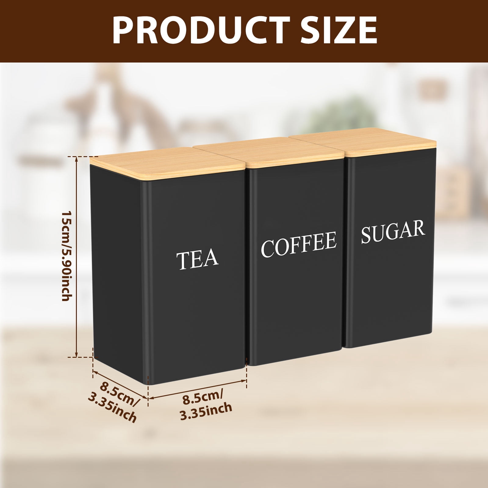 Tcwhniev 3 Pcs Coffee Tea Sugar Container Set with Bamboo Lid Metal Tea Coffee Sugar Canister Set for Kitchen Airtight Coffee Tea Sugar Food Storage Container