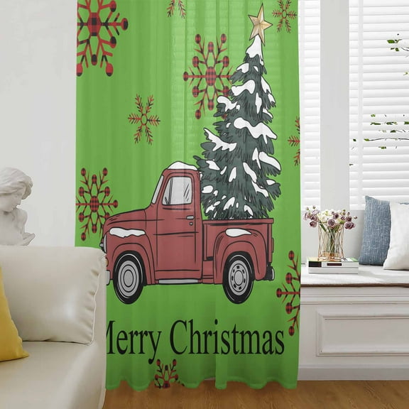 Christmas Tree Semi Sheer Curtains Drapes for Living Room, Bedroom, French Doors Window 96 Inches Long, Red Truck Xmas Winter Snowflake Rod Pocket Chiffon Curtain Drapery Voile Draperies Panel