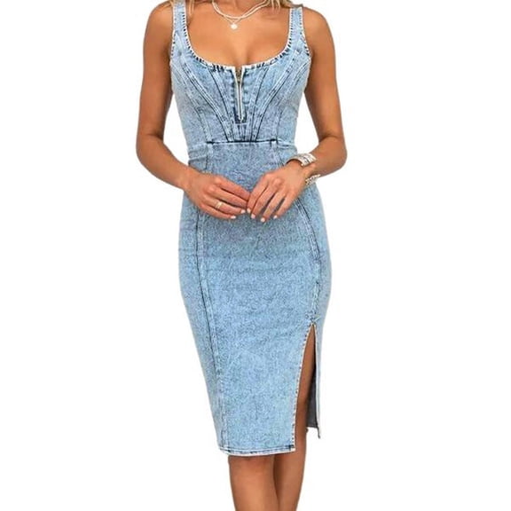 utcoco Women's Blue Sleeveless Bodycon Denim Dress Midi Side Slit