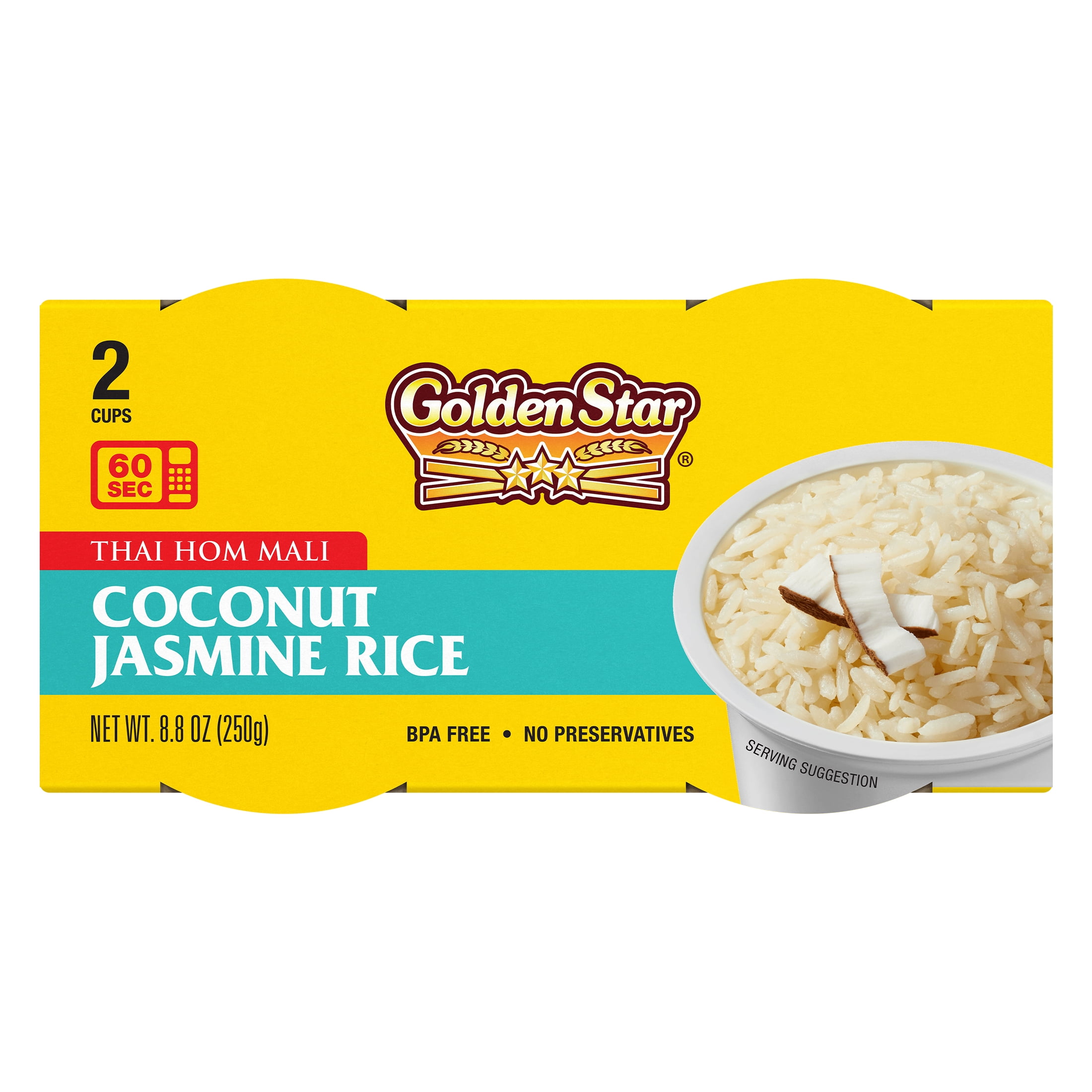 Golden Star Coconut Jasmine Rice, Ready to Heat Microwaveable Cups, 4.4 oz 2-pack
