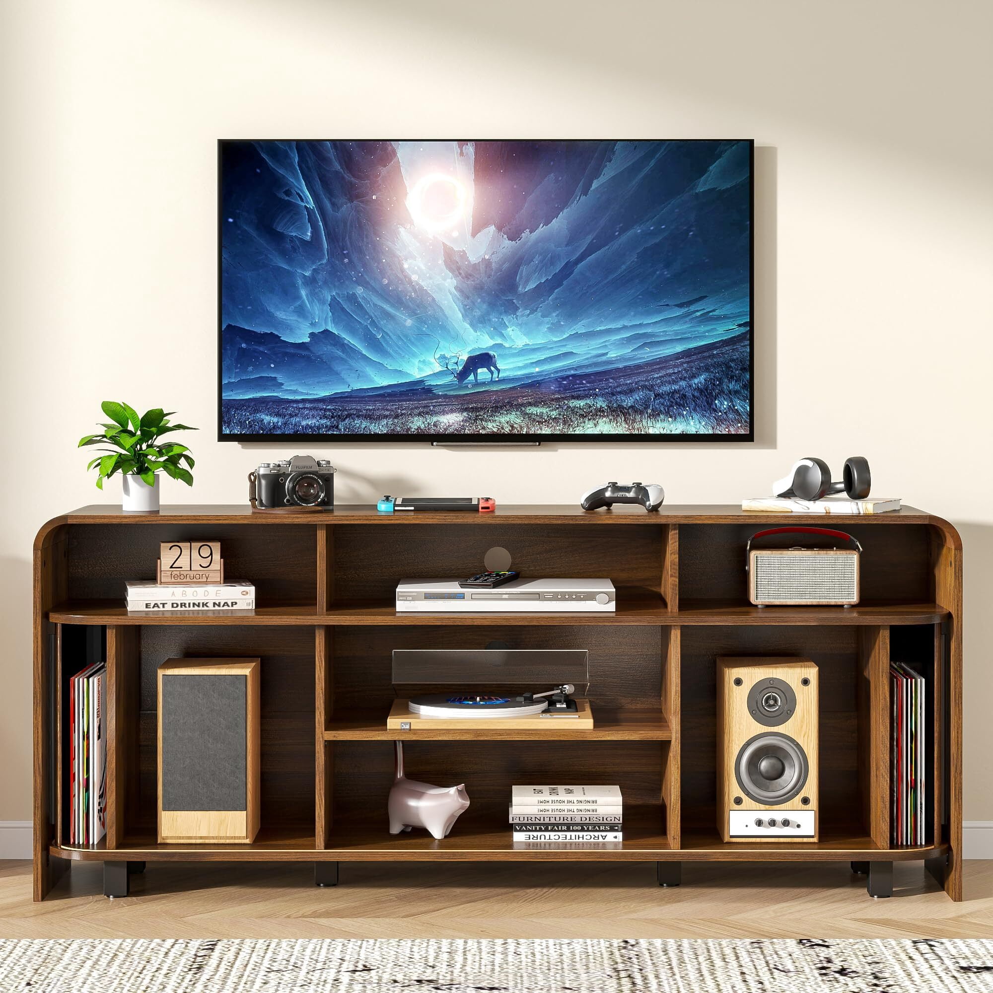 Walnut TV Stand for 65-75" TV, 63" Fluted Mid Century Modern Console with Sliding Doors, Storage, Adjustable Shelves