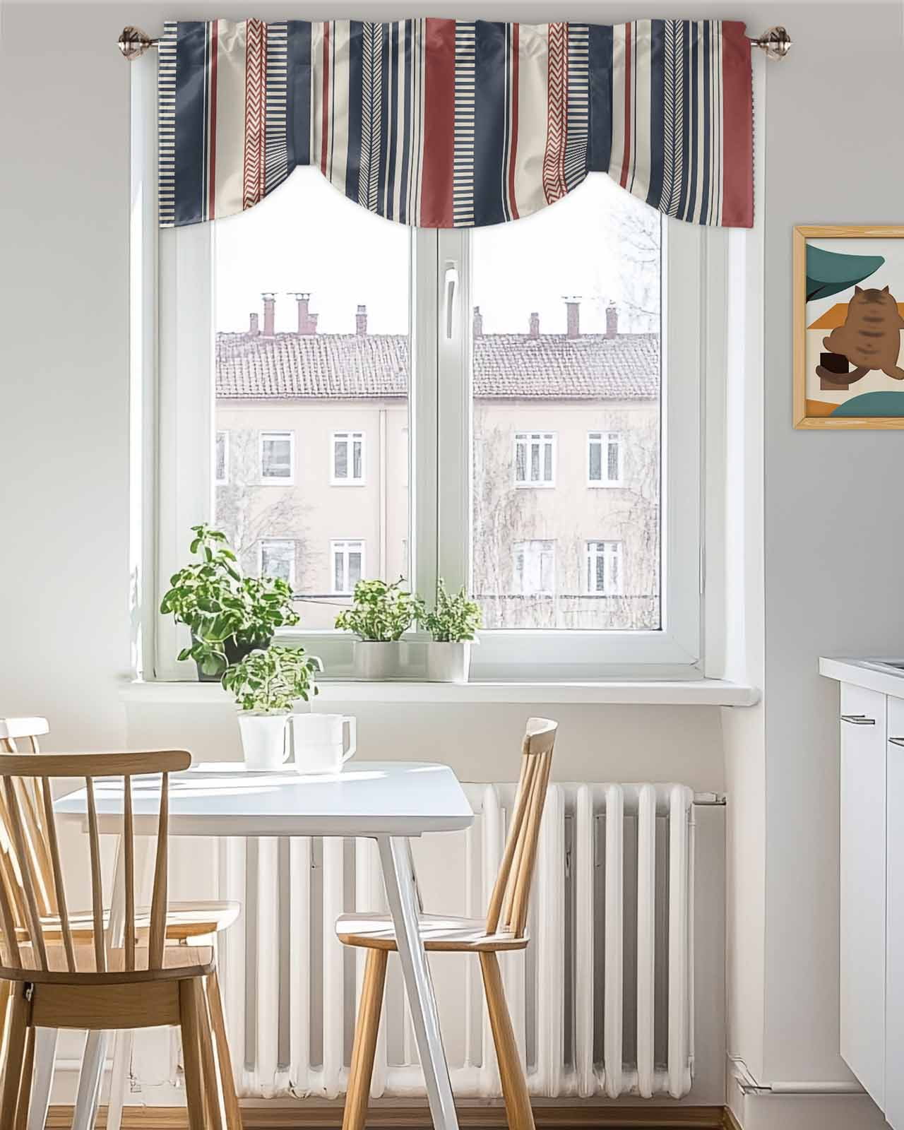 Vintage Stripes Tie Up Valances Curtain, Navy Red Beige Striped Retro Lines Kitchen Valances for Windows Decor, Rod Pocket Short Curtains Set for Bedroom/Bathroom, 60"x18"