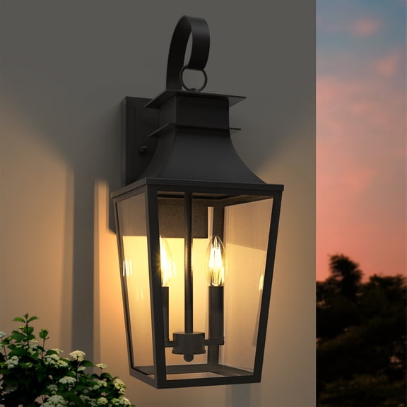 Maxax Outdoor Wall Sconce 20.98", 2-Light Dusk to Dawn Waterproof Exterior Wall Light, Black Glass Lantern for Porch and Garage