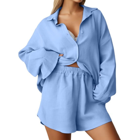 Womens Short Sets Summer 2 Piece Sets for Women Summer Outfits for Women Casual Long Sleeve Shirt and High Waist Shorts Fashion Two Piece Summer Sets