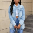 thumbnail image 6 of Womens Coats Lapel Button-Up Pockets Denim Jacket Solid Long Sleeve Casual Jacket Coat,Denim Jacket for Women Light Blue S, 6 of 6