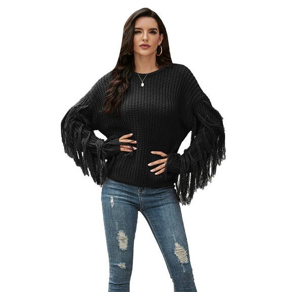 Women Autumn Winter Long Sleeves Tassel Sweater Ribbed Knitted Pullover Tops