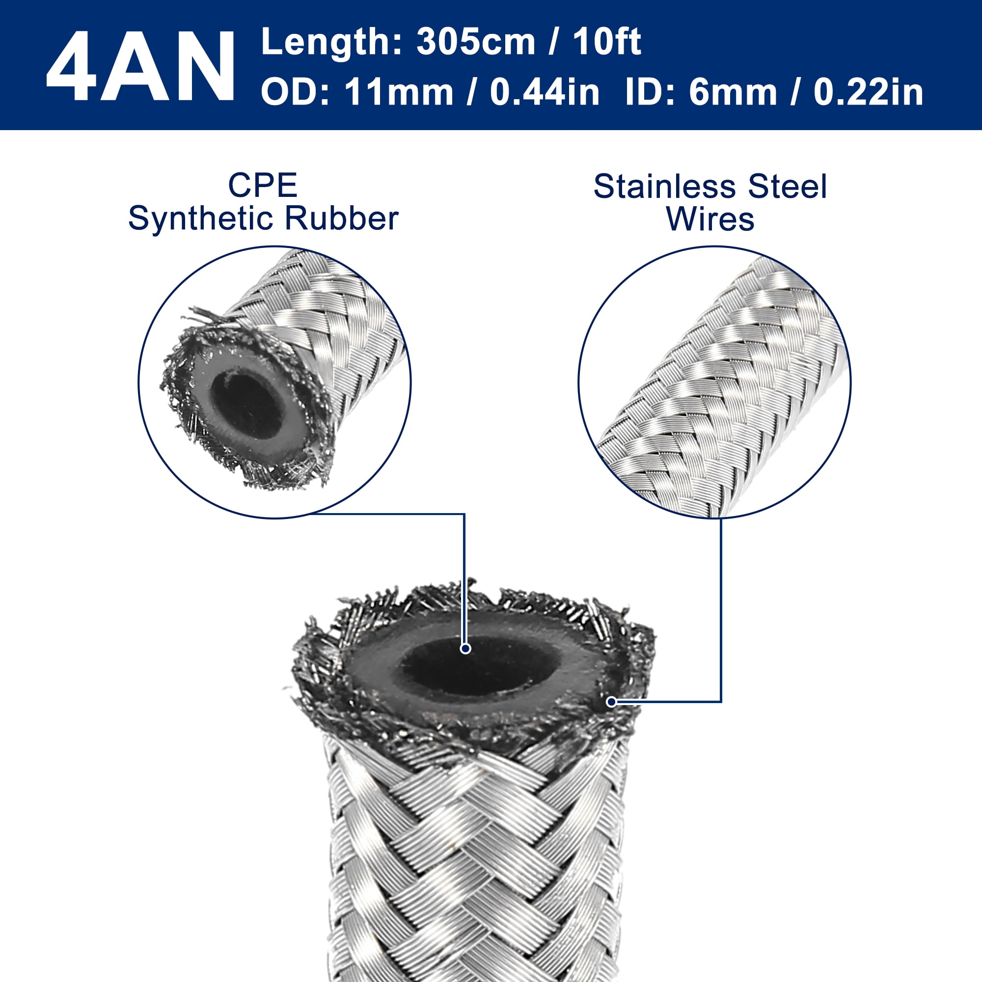 Unique Bargains 10 Ft 4AN Fuel Hose Braided CPE Oil Fuel Gas Line Hose Silver AN4 1/4"