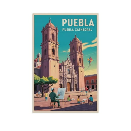 Retro Plaza Scene Puebla Cathedral Mexico Vintage Travel Poster Kite Flying Baroque Church Mid Century Wall Print Print Poster