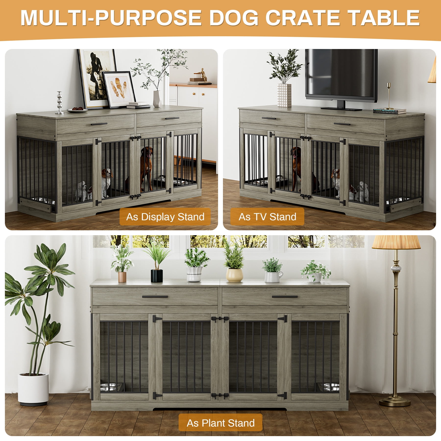 WIILAYOK 72.05" Dog Crate Furniture, Wooden Dog Kennel with 2 Drawers and 4 Dog Bowls, Heavy Duty Indoor Furniture Style Dog Cage House(Grey)