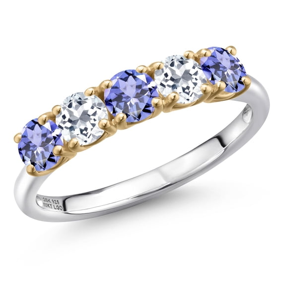Gem Stone King 925 Silver and 10K Yellow Gold Blue Tanzanite and White Topaz Wedding-Bands Ring for Women | 1.56 Cttw | Round 4MM | Gemstone December Birthstone | Size 6