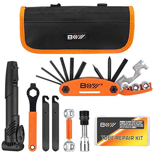 Excellent Home Bike Tire Repair Tool Kit Waterproof Frame Triangle Bag & Mini Pump &16 In 1 Multifunctional Lever Self-Adhesive Tube Patch Portable Set for Road Mountain BMX black Small 