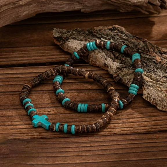 Turquoise Cross Bracelet Handmade Wooden Beaded Bracelet for Men Religious Jewelry Unisex Accessory Spiritual Gift