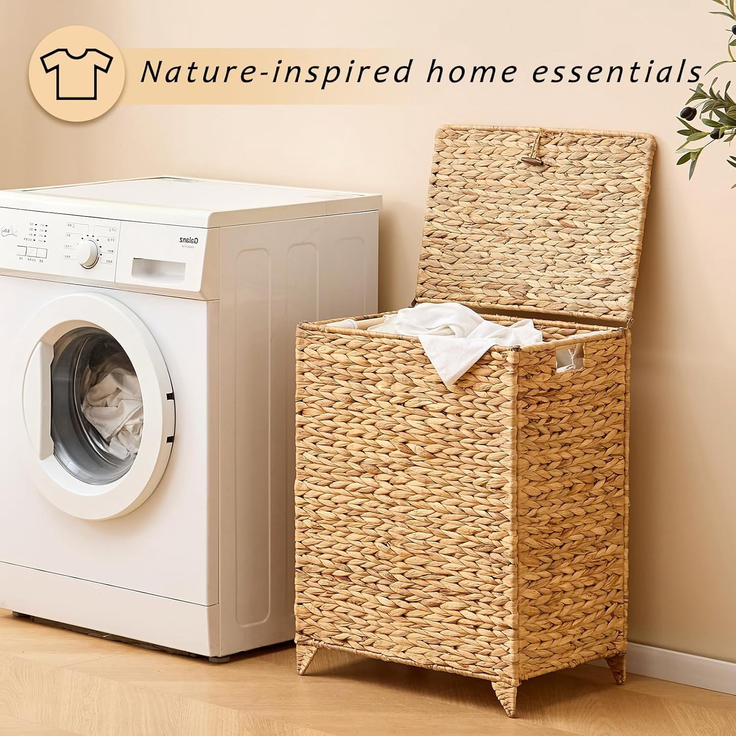 Casa Pura Furniture Adult Handwoven Elevated Feet Carrying Handles Laundry Hampers with Lid & Removable Liner Bag, Off-White