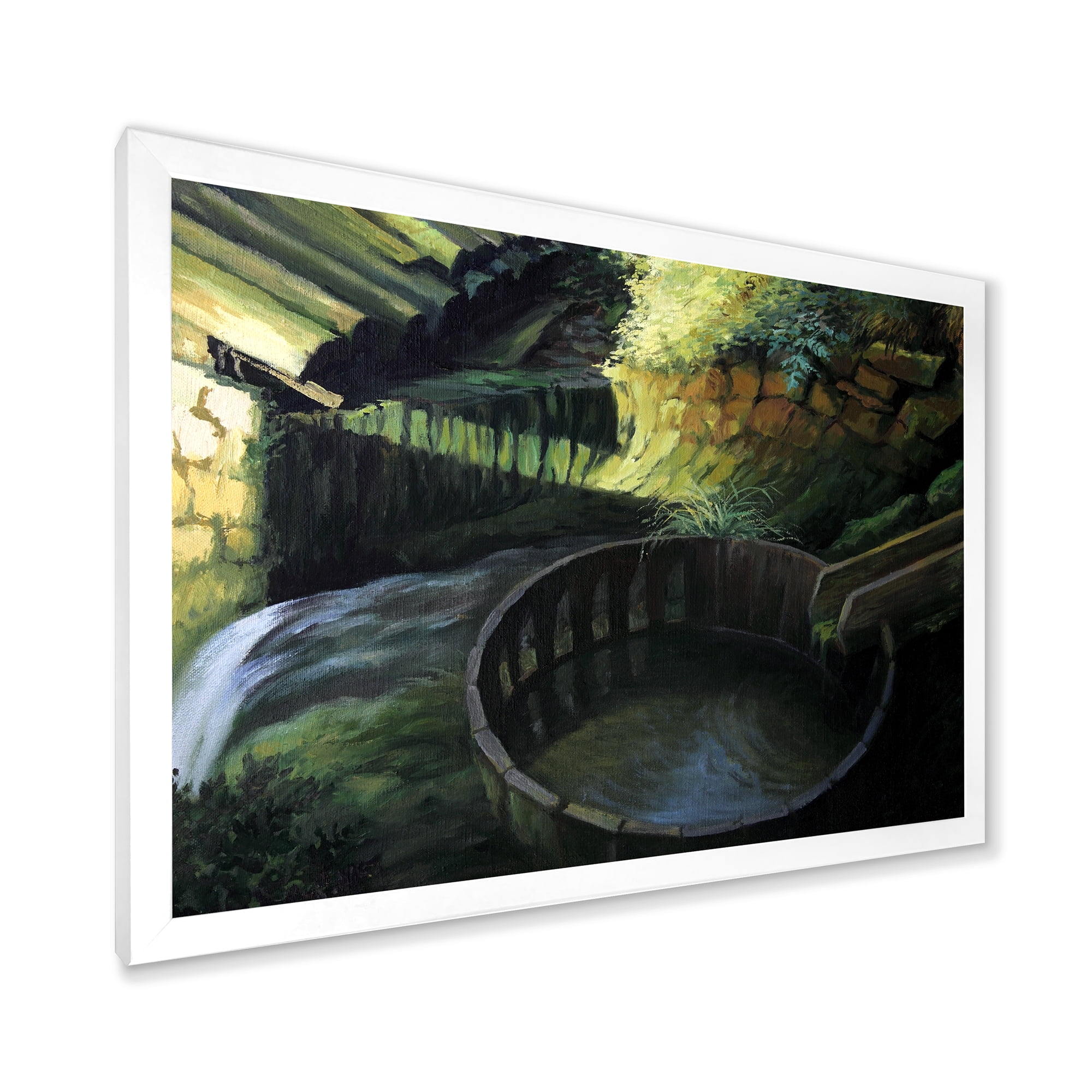 Designart 'Old Watermill In Green Nature Landscape' Lake House Framed Art Print