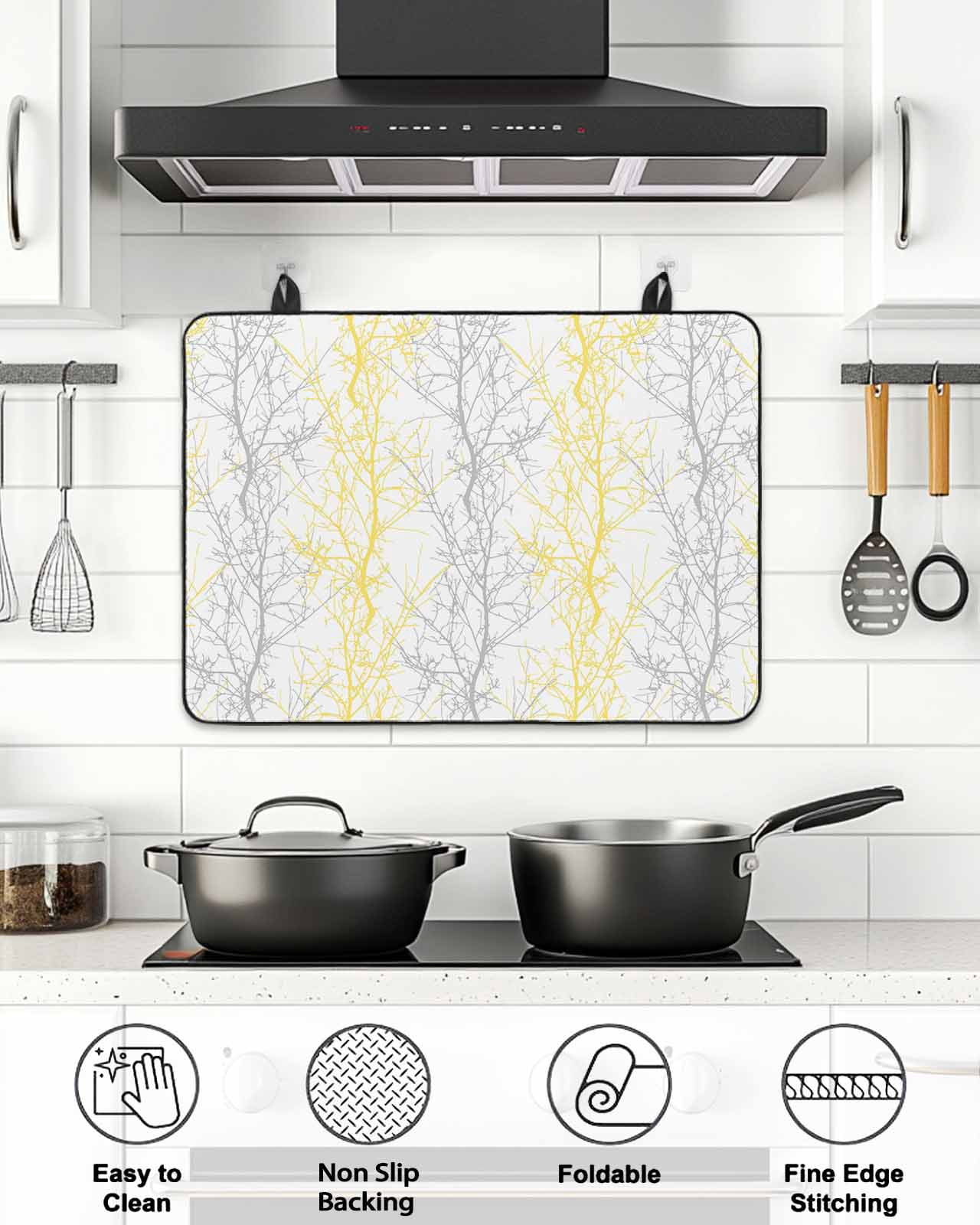 Stove Top Covers for Electric Stove, Yellow Gray Glass Stovetop Cover Protector, Pastoral Botanical Branch Aesthetics Induction Cooktop Protector Oven Mat for Kitchen Countertop 24"x21"