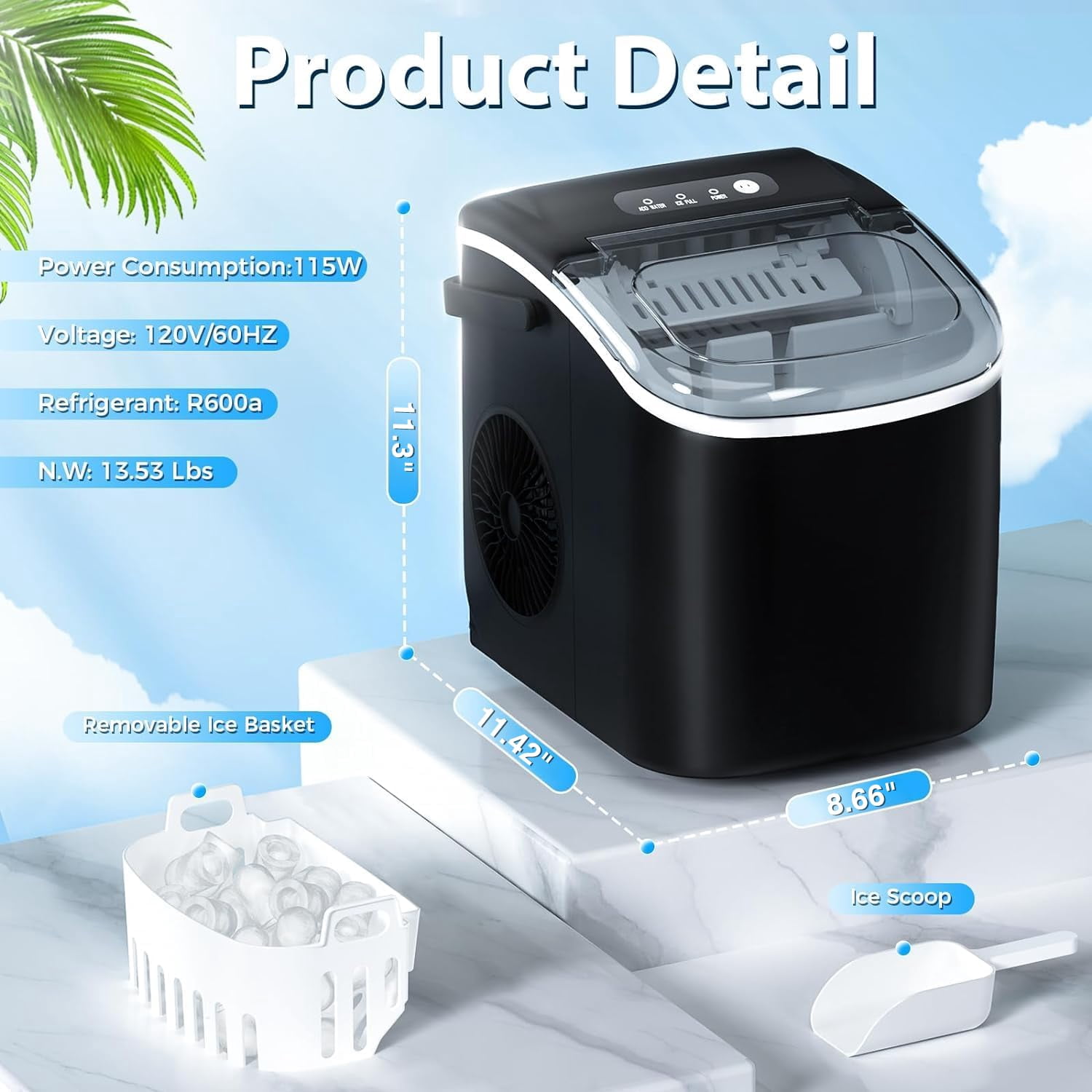 WAA 26lbs Daily Output Portable Ice Maker,9 Pcs Ready in 6 Mins Countertop Ice Machine,Self-Cleaning Compact Electric Ice Maker for Kitchen,Office,Party & RV