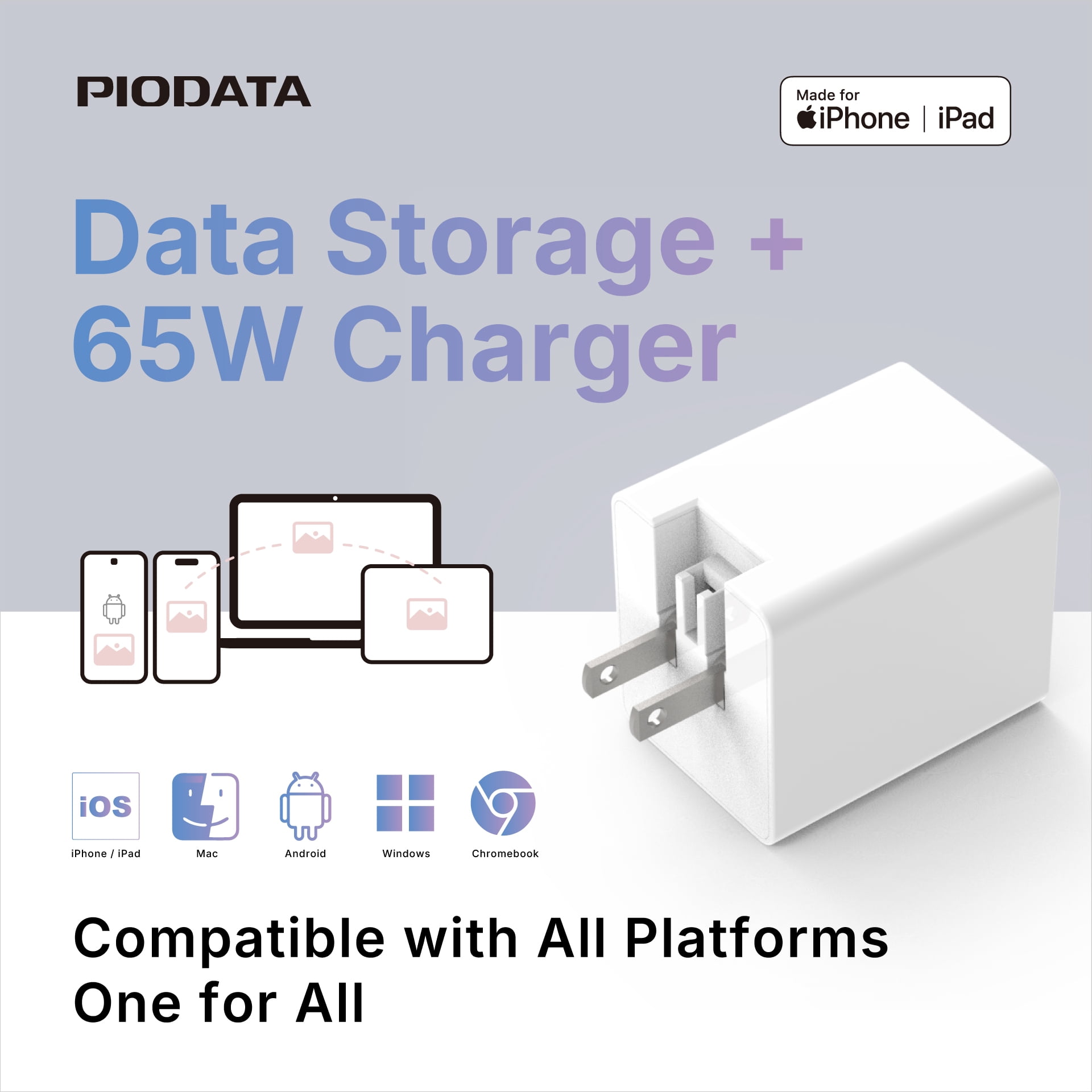 Piodata iXCharger 65W USB-C Fast Charger with 1TB Storage, Apple MFi Certified Flash Drive for iPhone, iPad, Android, MacBook, Laptop – Backup & Power Adapter in One