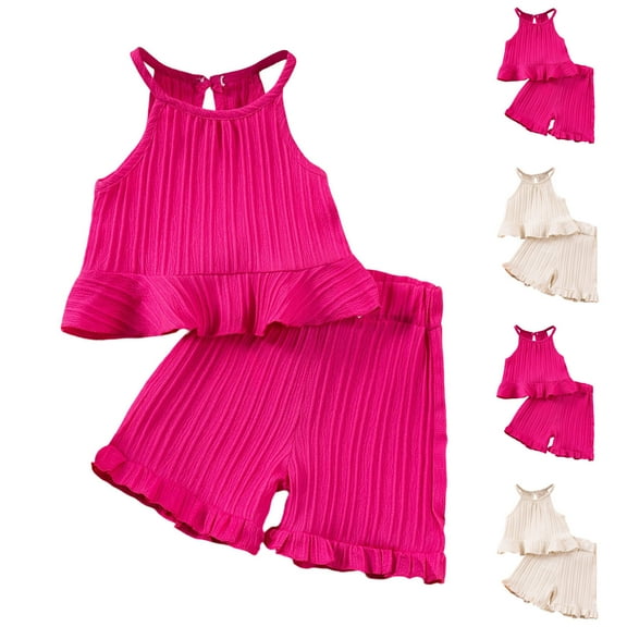 Bovxnpu Girls 2 Piece Outfits, Girl Sleeveless Tee T Shirt Tank Top Shorts, Casual Short Sleeveless Round Neck Collar Botton Solid Color Short Pants Sets 6 Years