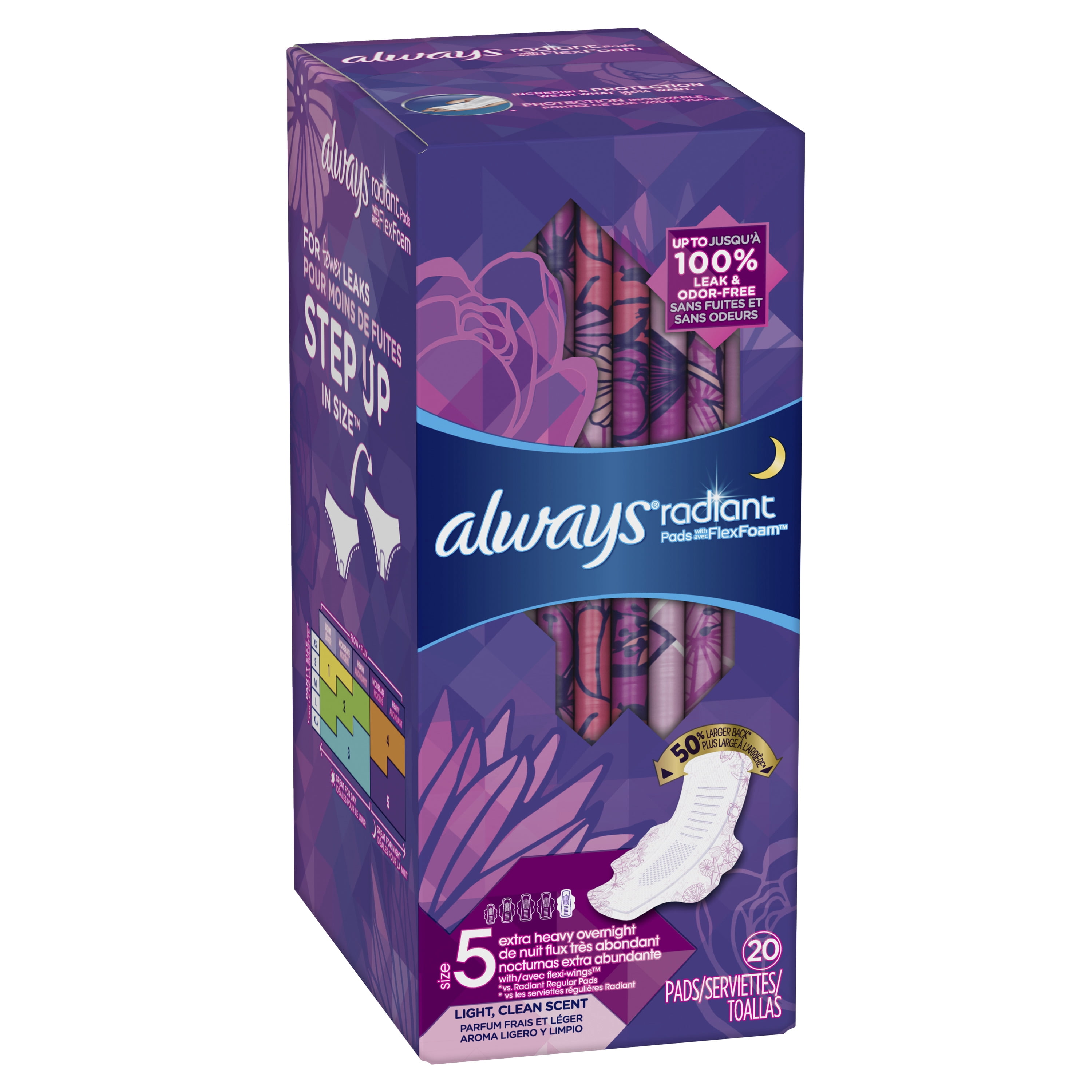 Always Radiant Extra Heavy Overnight Pads, Light Clean Scent, Size 5, 20 Ct
