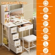 Fairy Vanity Desk Lighted Mirror 5 Drawers Power Outlet Side Hooks Hair Dryer Holder Stool Table Set White