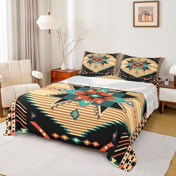 Feelyou Retro Mandala Aztec Twin Sheet Sets for Men, Hippie Western Fashion Twin Fitted Sheet, Black Wheat Triangle Flat Sheet, Super Cozy Room Decor, 3pcs