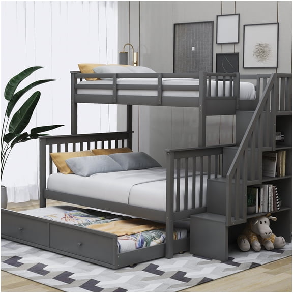 CHAMPFLAG Twin Over Full Bunk Bed with Trundle, Sturdy Metal Bunkbed with Storage Stairs and Safety Rail for Home