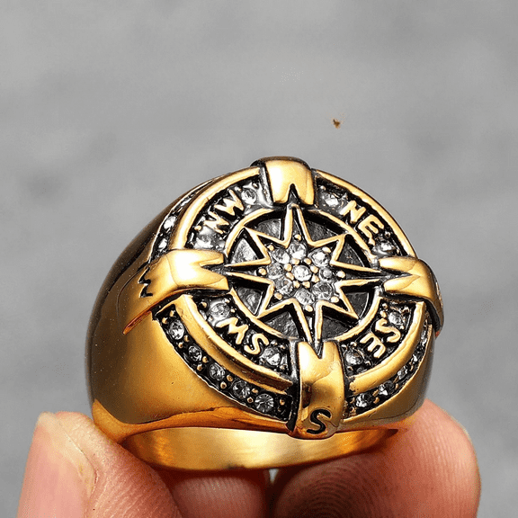 Luxury Compass Rhinestone Men Rings 14K Yellow Gold Women Jewelry Viking Punk Rock Cool Stuff Fashion Accessories Gift