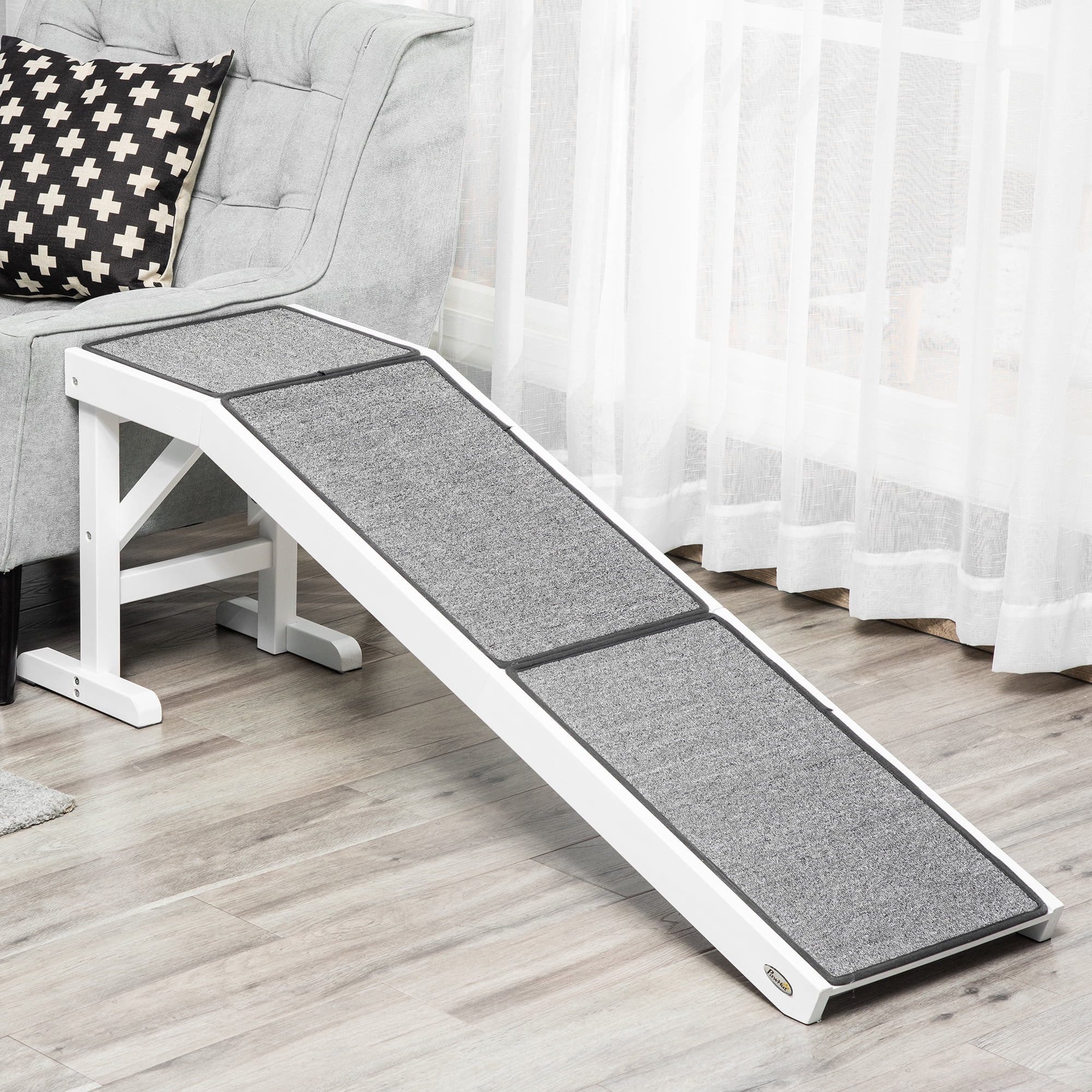 Dog Ramp for Bed, Pet Ramp for Dogs with Non-Slip Carpet and Top Platform, 60" x 16" x 20", White