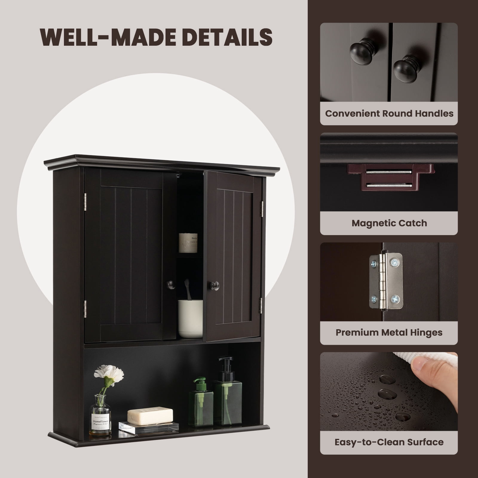 Topbuy Wall Mounted Bathroom Cabinet Double Door Medicine Cabinet Kitchen Cupboard w/ Open Compartment & Adjustable Shelf Espresso