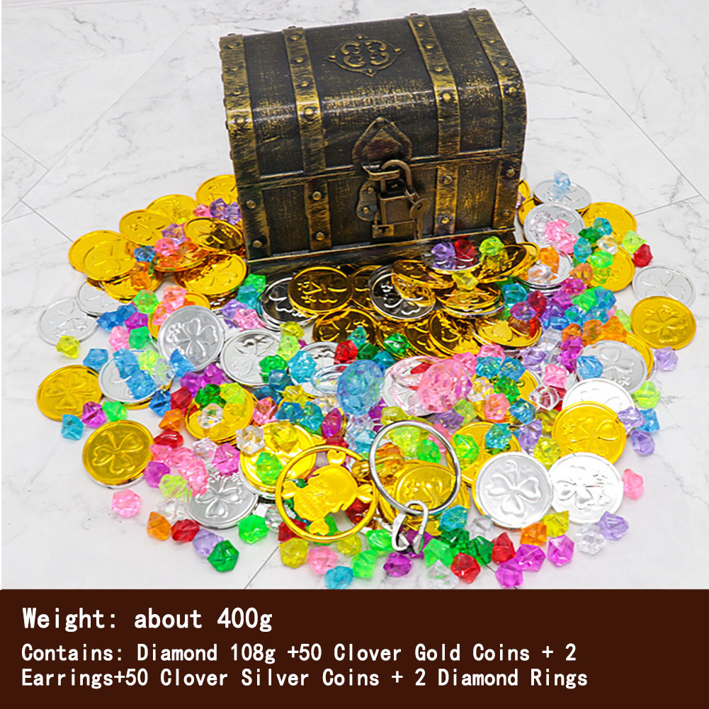 Kids Pirate Treasure Chest Toy Box Gold Color with Lock for Party
