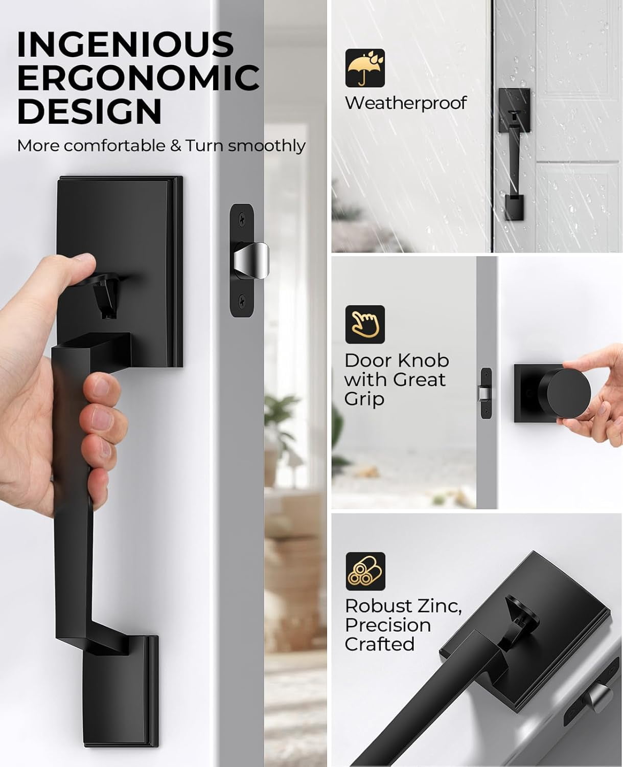 Klamerit Front Door Handle No Lock, Black Front Door Lock Set with Modern Knob, Adjustable Exterior Entry Handleset, Lower Half Grip