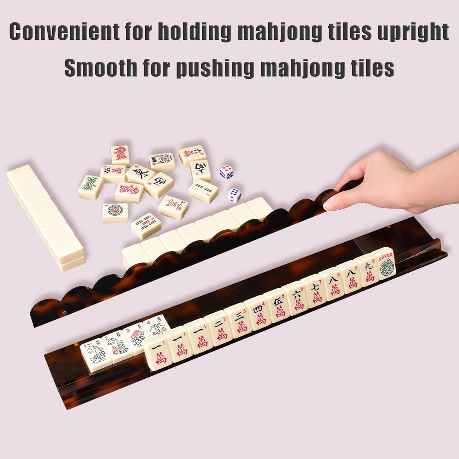 1pc Tortoise Shell Mahjong Rack with Magnetic Pusher 17.5/20 Inch Scalloped Acrylic Tile Holder for Mahjong, Single One