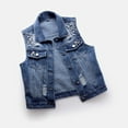 thumbnail image 6 of Women's Cropped Denim Vest Sleeveless Distressed Bead Detail Slim Fit Washed Jacket for Spring Summer Casual Layering Blue, 6 of 10