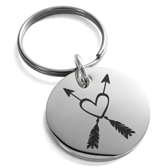 Stainless Steel Heart + Arrows Engraved Small Medallion Circle Charm Keychain Keyring