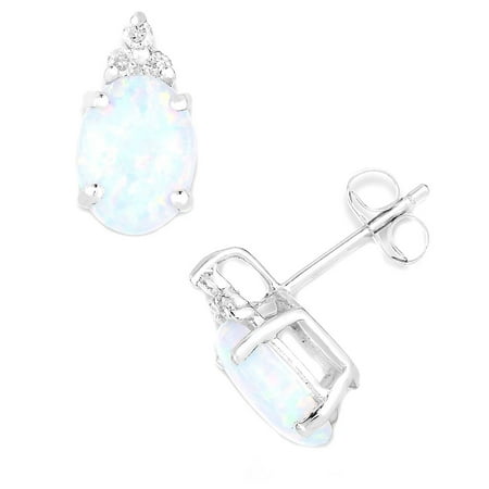 Created Opal and Diamond 10kt White Gold Earrings