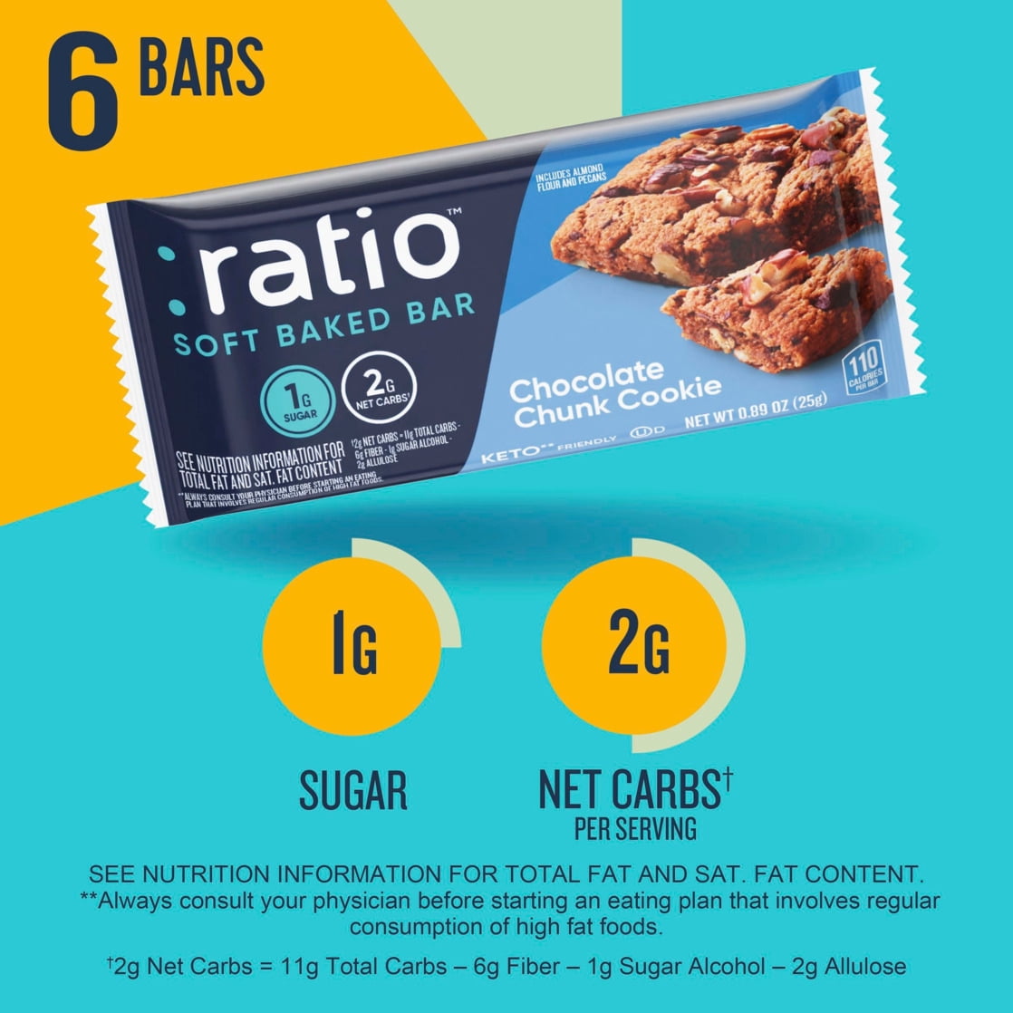 (4 pack) Ratio Soft Baked Bars, Chocolate Chunk Cookie, 1g Sugar, Keto Friendly, 5.34 oz (6 Bars)