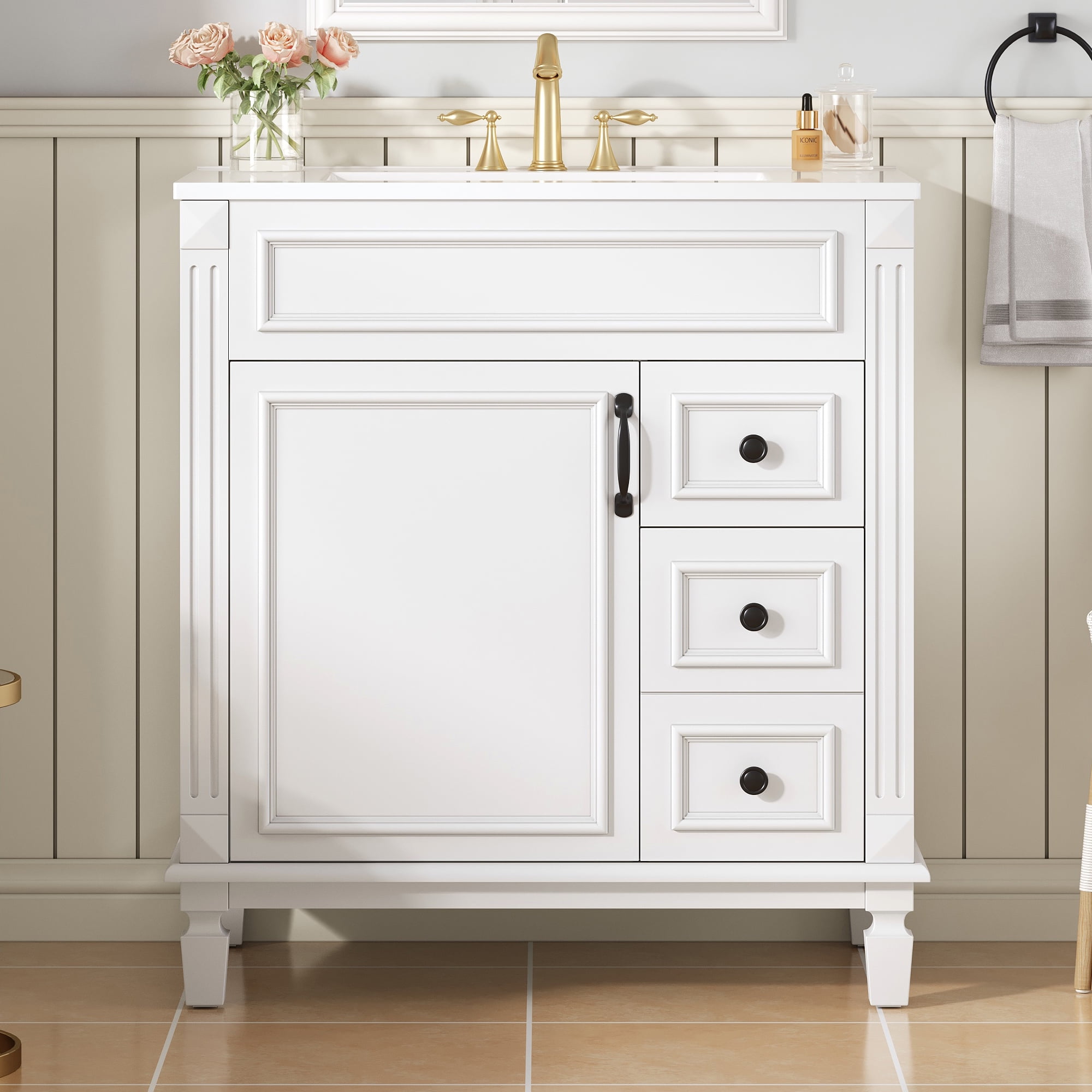 Euroco 30" Bathroom Vanity with Ceramic Sink, Small Bathroom Sink Cabinet, Modern Cabinet with 2 Drawers and Adjustable Shelf