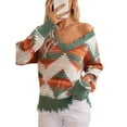 thumbnail image 2 of Woman Western Aztecs Knit Sweater Long Sleeve Vintage Geometric Pullover V Neck Distressed Cropped Sweater Green M, 2 of 10