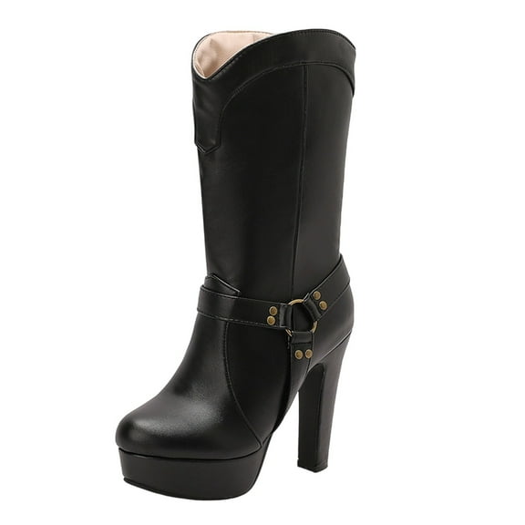 Black Solid Color Mid Calf Boots For Women With Belt Buckle And Platform Heel High Heel For A Fashionable Winter Look
