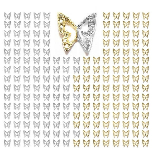 qiipii 180pcs Butterfly Nail Charms Bulk 3D Golden Silver Butterflies Charms for Acrylic Nails, Nail Alloy Studs Charms Nail Art Jewels Decor Supplies Accessories for Nails Face Makeup Body DIY Crafts