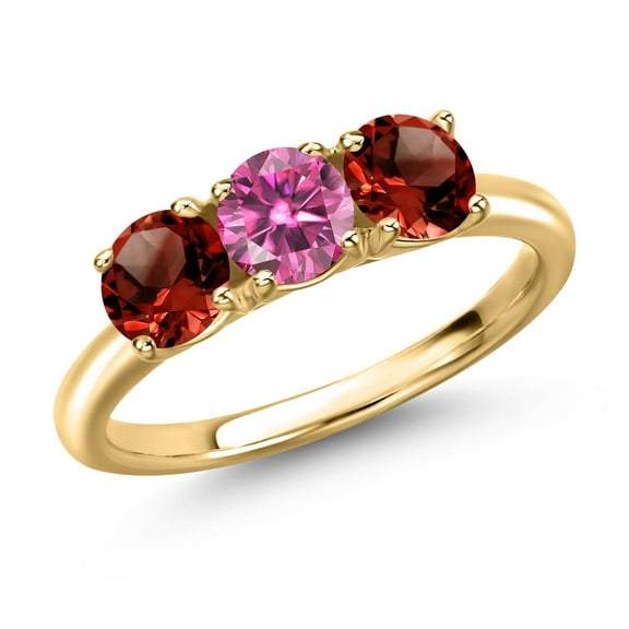 Gem Stone King 18K Yellow Gold Plated Silver Pink Moissanite and Red Garnet Engagement Ring for Women | 1.60 Cttw | Round 5MM | Gemstone Birthstone | Size 5