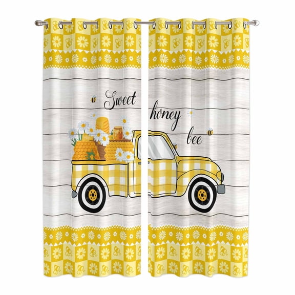 Bee Truck Kitchen Curtains Window Panels, Yellow Honey Daisy Floral Plaid Wooden Grain Insulated Window Treatment Curtain, Grommet Curtains for Bedroom/Living Room/Bathroom, 2 Piece 42"Wx84"L