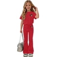 thumbnail image 2 of Girls 2 Piece Heart Print Clothing Set Casual Short Sleeve Crew Neck Top and Flared Bell Bottom Pants Soft Stretch Fabric Teen Girls Matching Outfit Red 14-15Years, 2 of 6