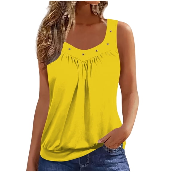 Fmbrln Tank Tops for Women Summer Sleeveless V Neck Front Pleated Solid Tops Casual Loose Lightweight Blouses