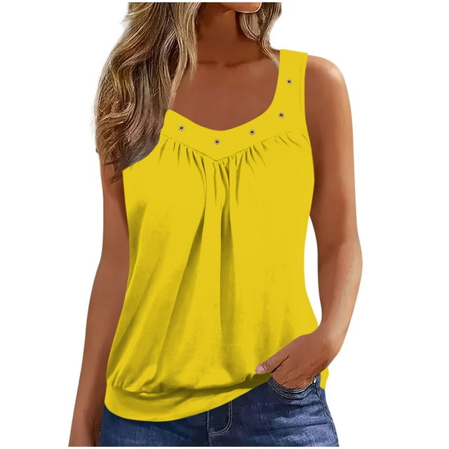 FAVIPT Oversized Loose Tank Tops for Women Ruched V Neck Ring Hole Solid Tees Stretchy Summer Tunic Tees 2026 Yellow,S